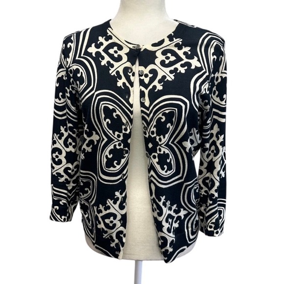 J Crew Merino Wool Cardigan Sweater Womens Sz M Geometric Y2K Preppy Lightweight - Picture 1 of 8